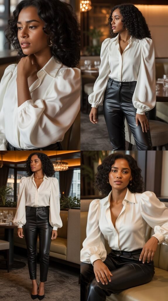 Statement Sleeve Blouse With Leather Pants