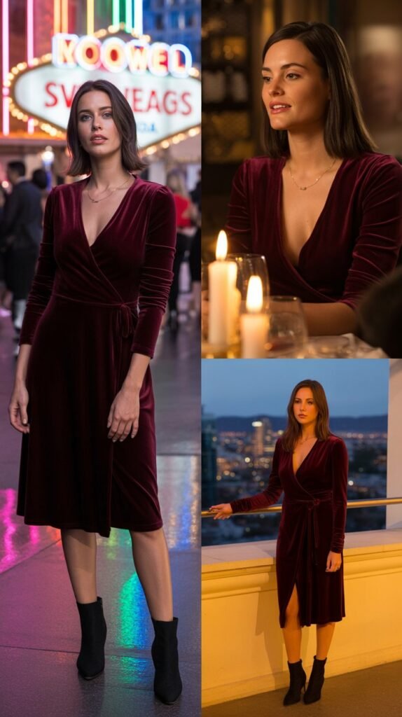 Velvet Wrap Dress with Ankle Boots