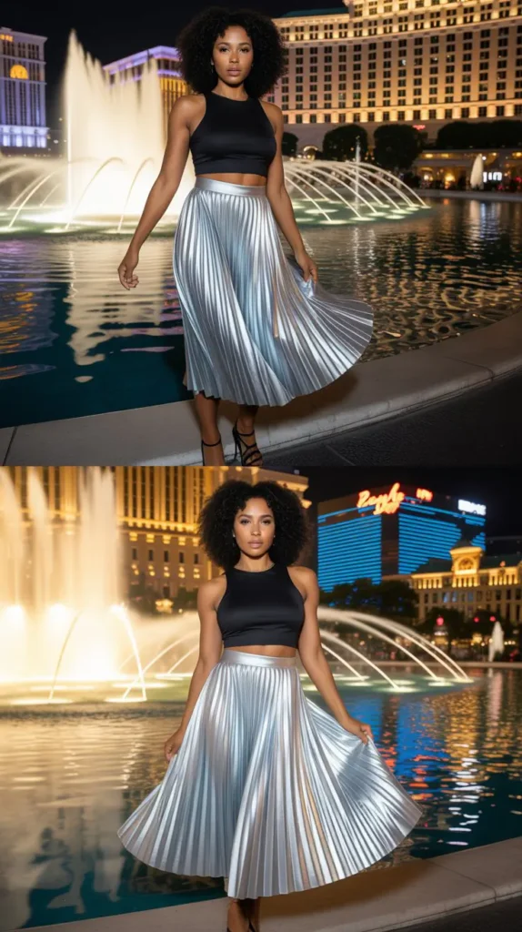Metallic Pleated Midi Skirt With Crop Top