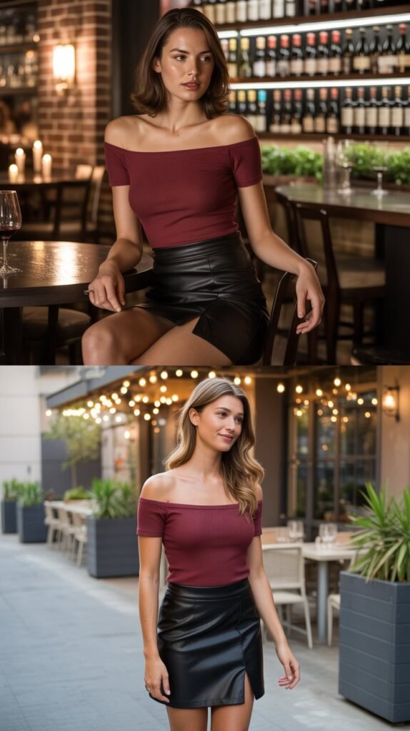 Off-Shoulder Top with Faux Leather Skirt