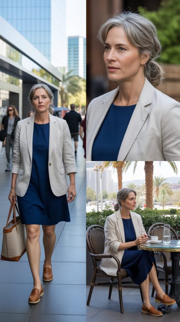 Linen Blend Blazer Over a Casual Dress