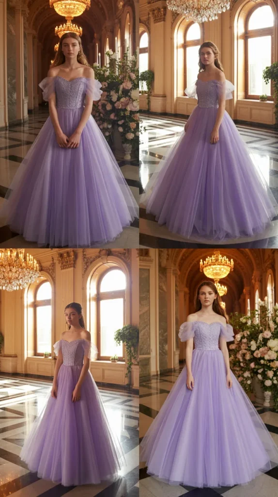 Off-Shoulder Lavender Tulle Ball Gown