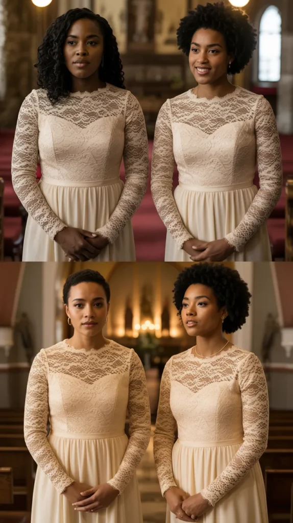 Long-Sleeve Gold Champagne Lace Gown