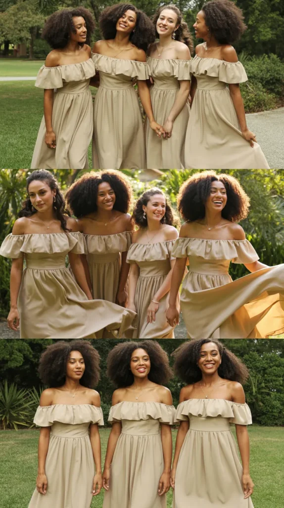 Off-Shoulder Gold Champagne Ruffle Dress