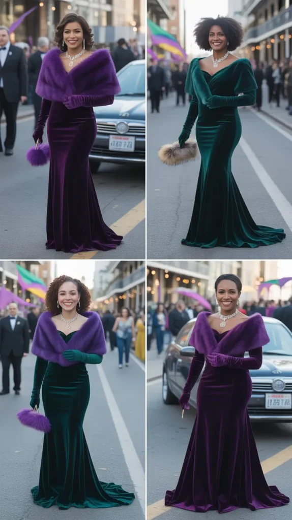 Velvet Royalty: Deep Jewel-Toned Velvet Gowns With Faux Fur Stoles
