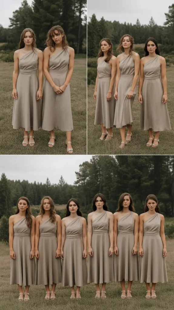 Taupe One-Shoulder Midi Dresses