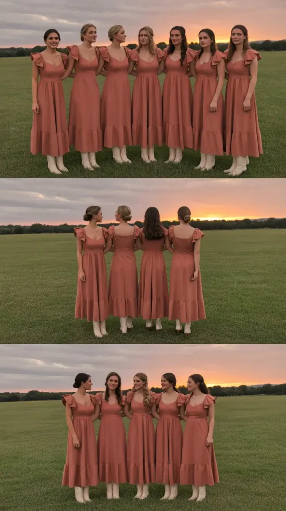 Coral Maxi Dresses with Ruffle Shoulders