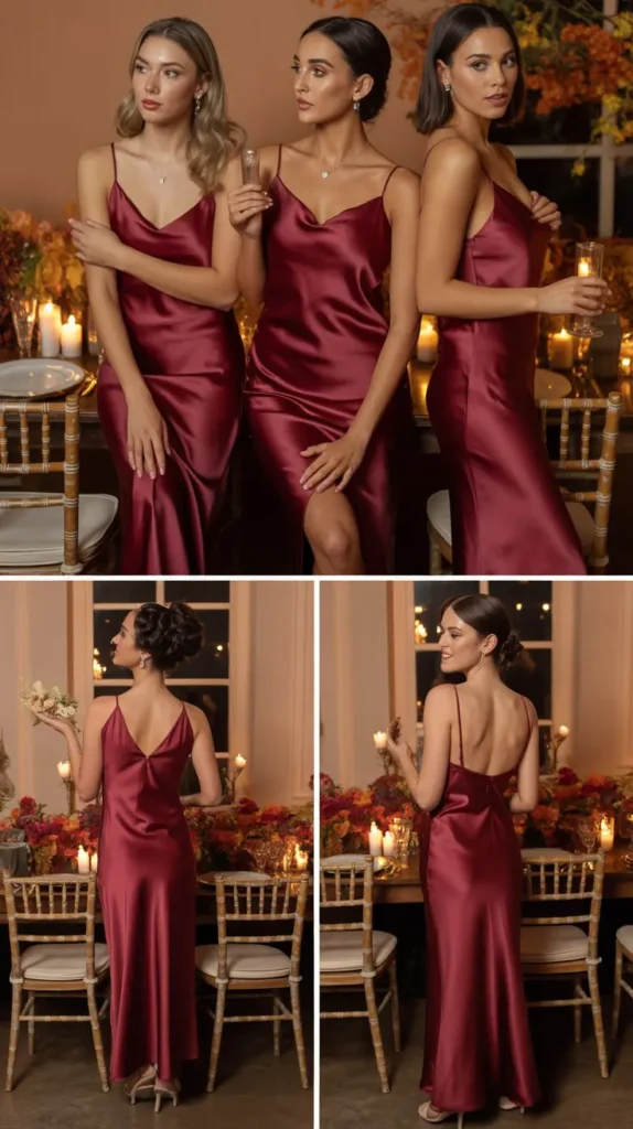 Wine Satin Slip Bridesmaid Dresses