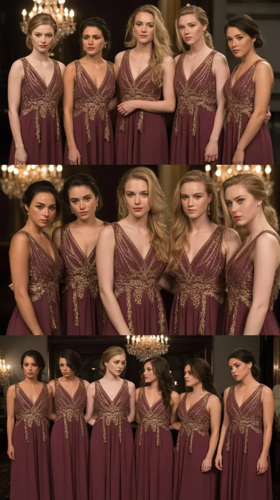 Wine Bridesmaid Dresses with Gold Embellishments for Glamorous Weddings