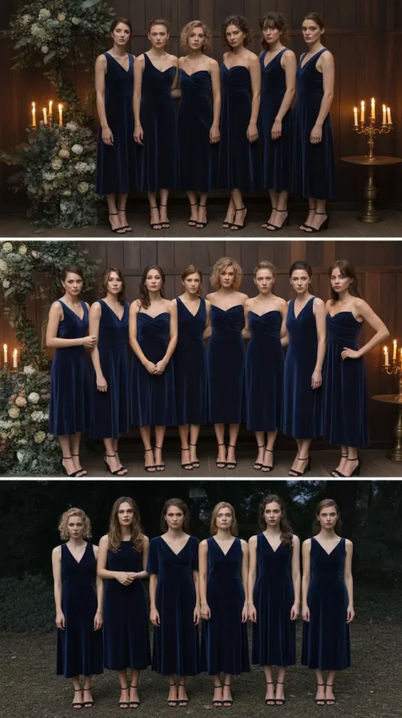 Midnight Blue Velvet Midi Dresses