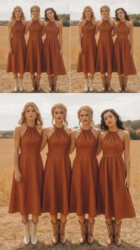 Burnt Orange Halter Neck Midi Dresses