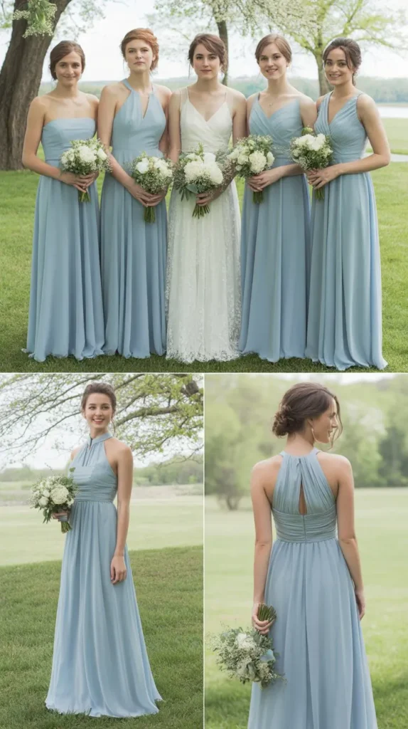 Dusty Blue Long Chiffon Bridesmaid Dress
