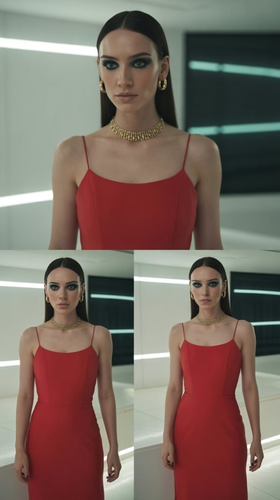 Monochrome Column Dress with Bold Makeup