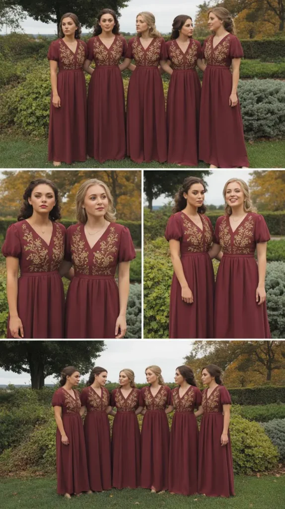 Wine Bridesmaid Dresses with Floral Embroidery