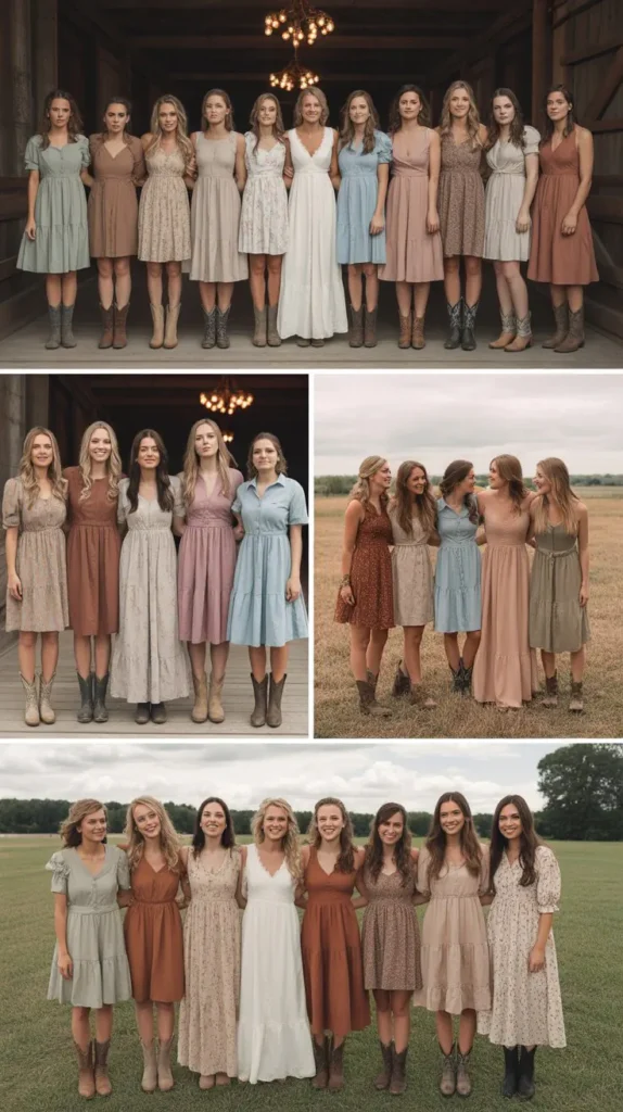 Mix-and-Match Country Bridesmaid Dresses in a Unified Palette