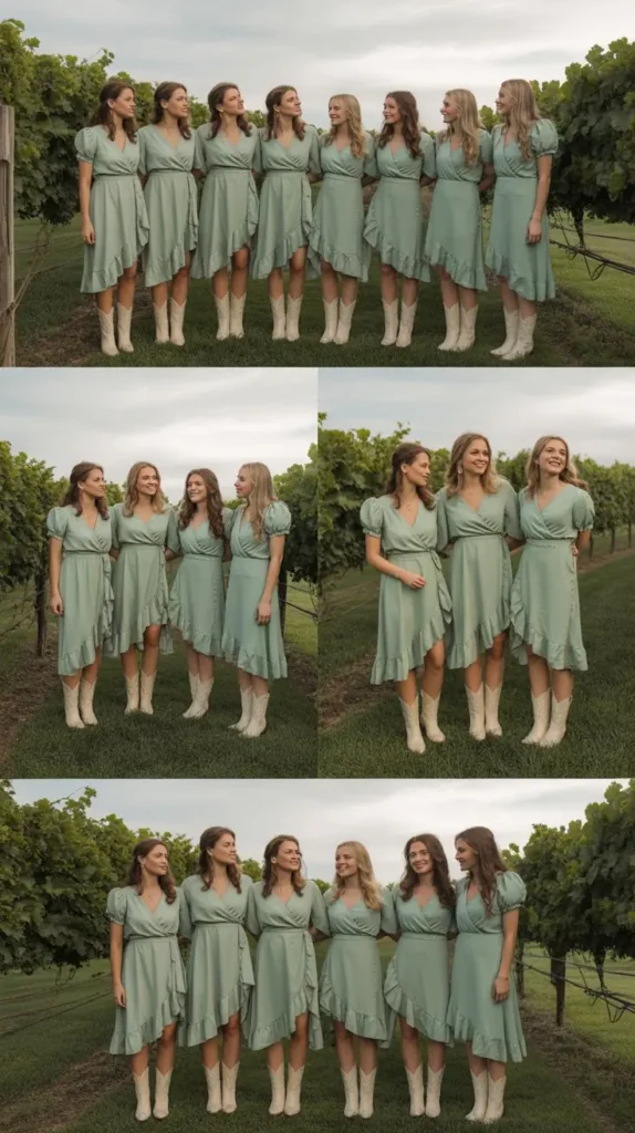 Sage Green Wrap Dresses with Ruffle Hems