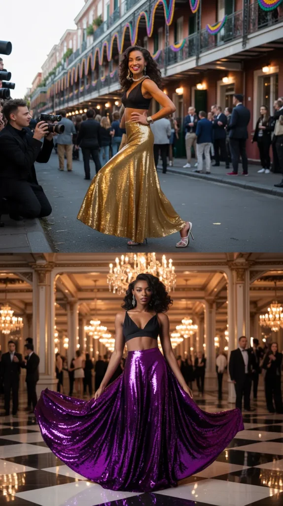  Sequin Maxi Skirt Red Carpet Mardi Gras Look