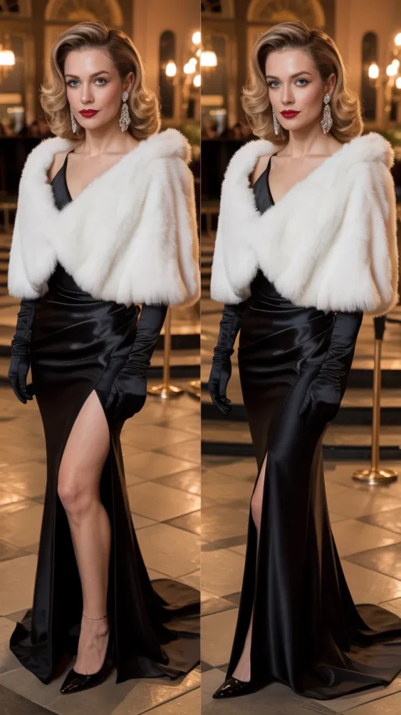 Vintage-Inspired Fur Stole With a Slit Gown