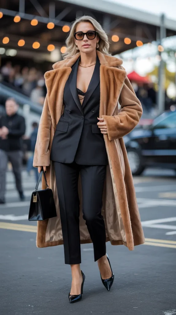 Faux Fur Trench Coat Over a Power Suit