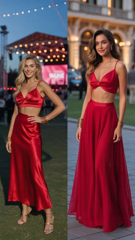  Red Two-Piece Crop Top and Maxi Skirt Set