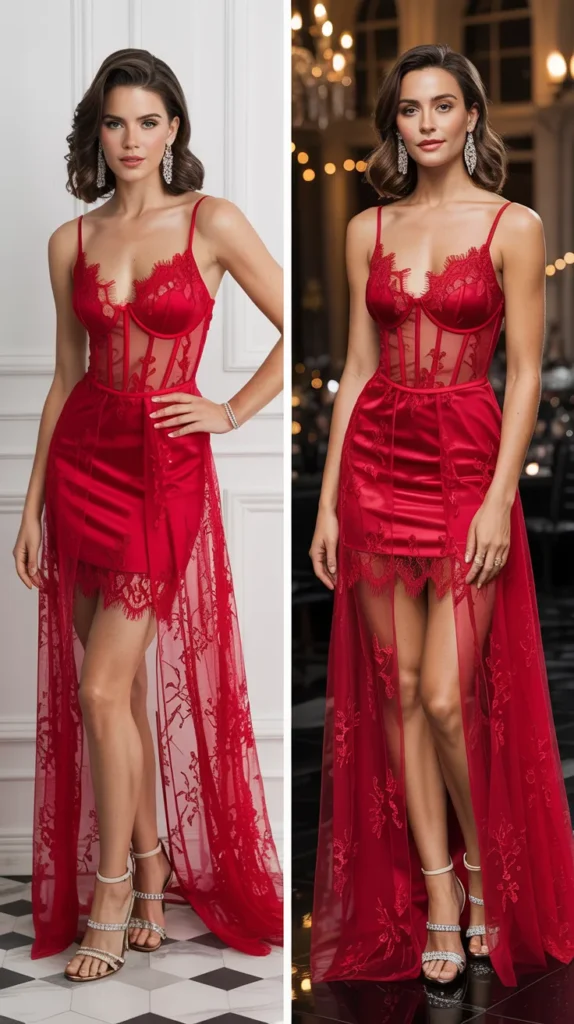  Red Sheer or Lace Overlay Gown
