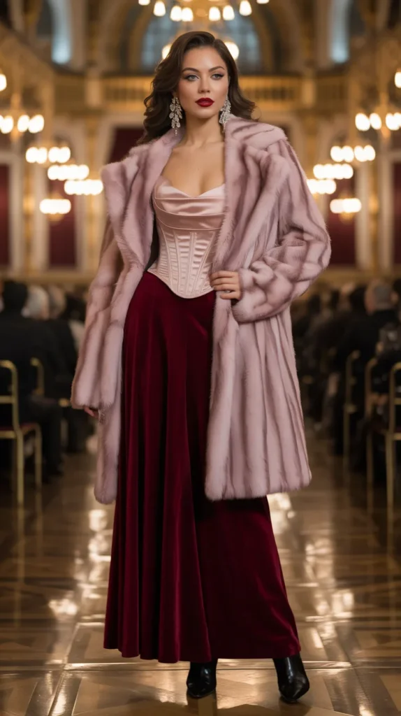 Fur Coat With a Corset and Maxi Skirt