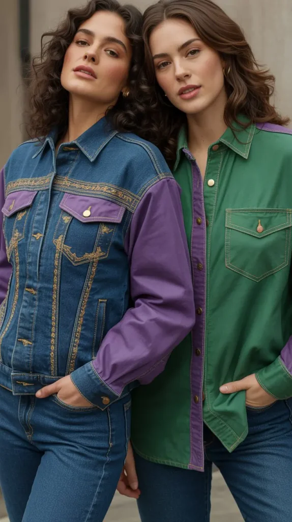 The Classic Purple, Gold, and Green Denim Duo