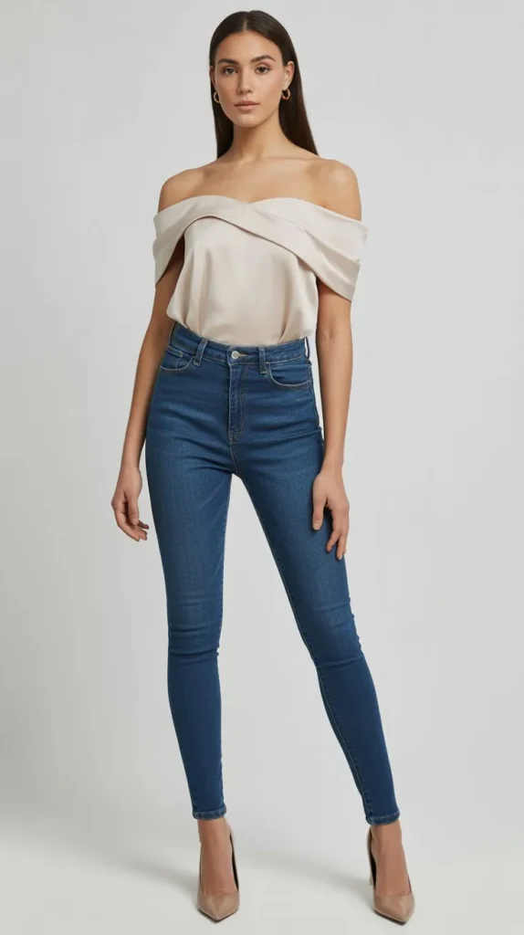 The Off-Shoulder Top and High-Rise Skinny Heel Formula