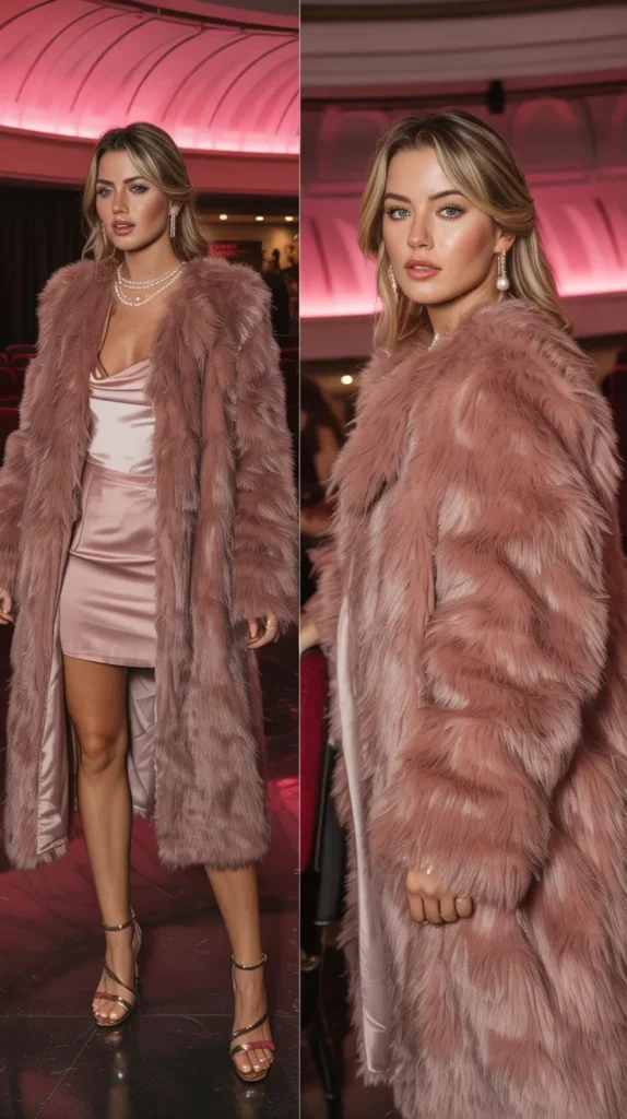 Pastel Pink Fur Coat With a Mini Skirt Set