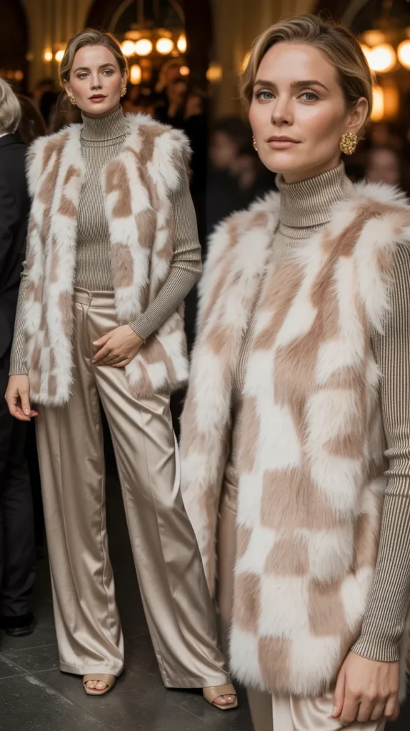 Fur Vest Over a Turtleneck and Wide-Leg Pants