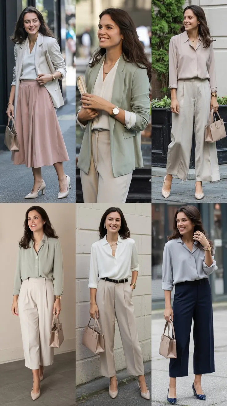 Realistic 4 image collage of professional women wearing white blazers with tailored trousers in modern office environments, elegant spring office fashion, natural lighting, polished workwear style