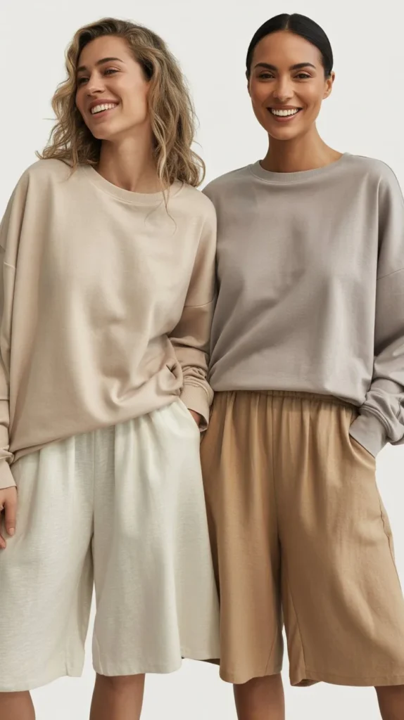 Neutral Sweatshirt With Linen Shorts
