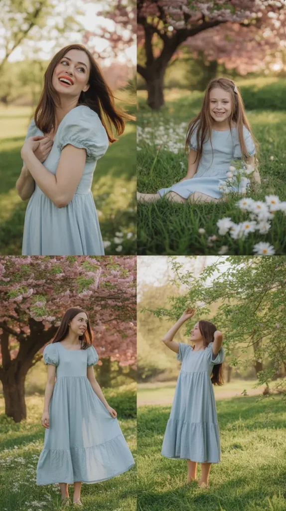 Soft Baby Blue Flowy Dresses for Mom and Daughters