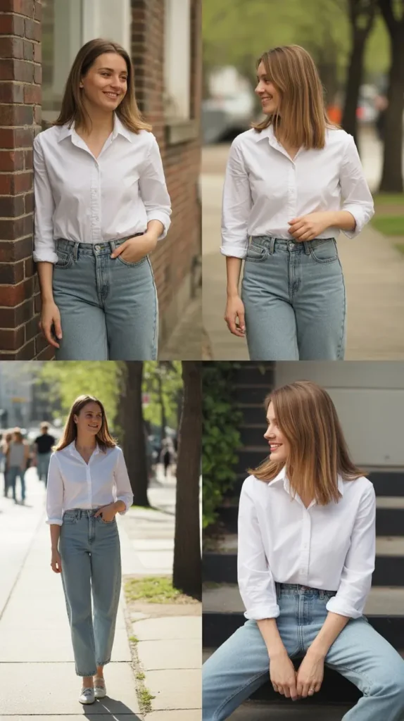 White Blouse with High-Waisted Jeans