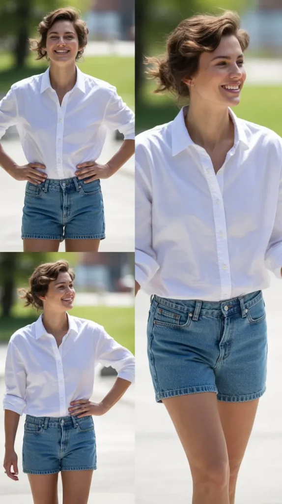 Button-Down Shirt with Denim Shorts