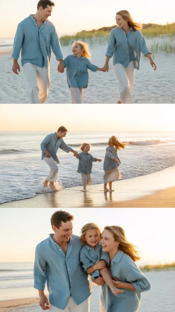 Coastal Blue Outfits for a Beach Spring Family Photoshoot