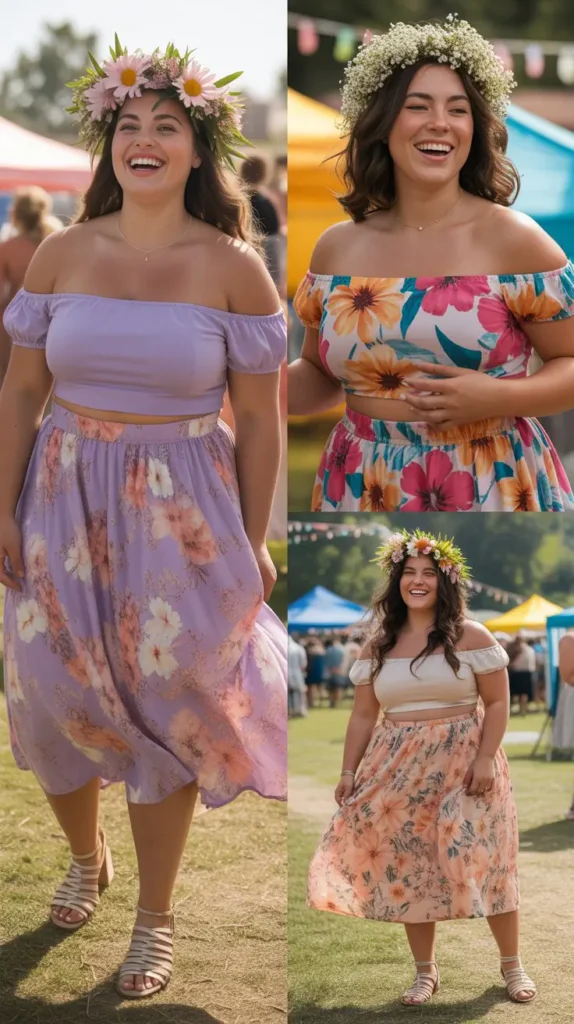  Floral Midi Skirt with Off-Shoulder Top