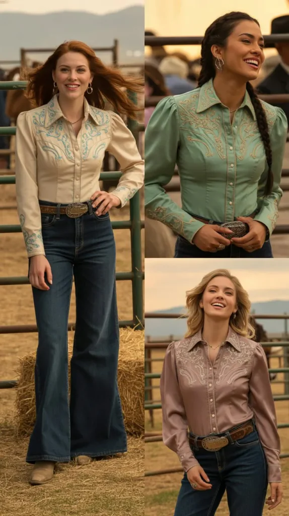 Embroidered Western Blouse with Wide-Leg Pants