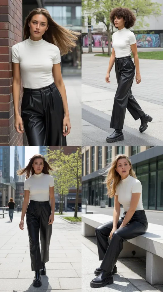  Mock Neck Long-Sleeve Top With Faux Leather Pants