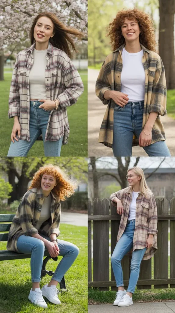 Oversized Flannel Shirt With Skinny Jeans and Sneakers