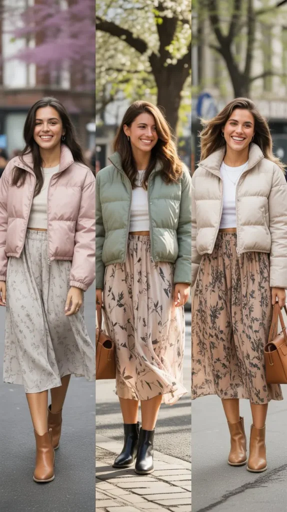  Puffer Jacket With a Floral Midi Skirt