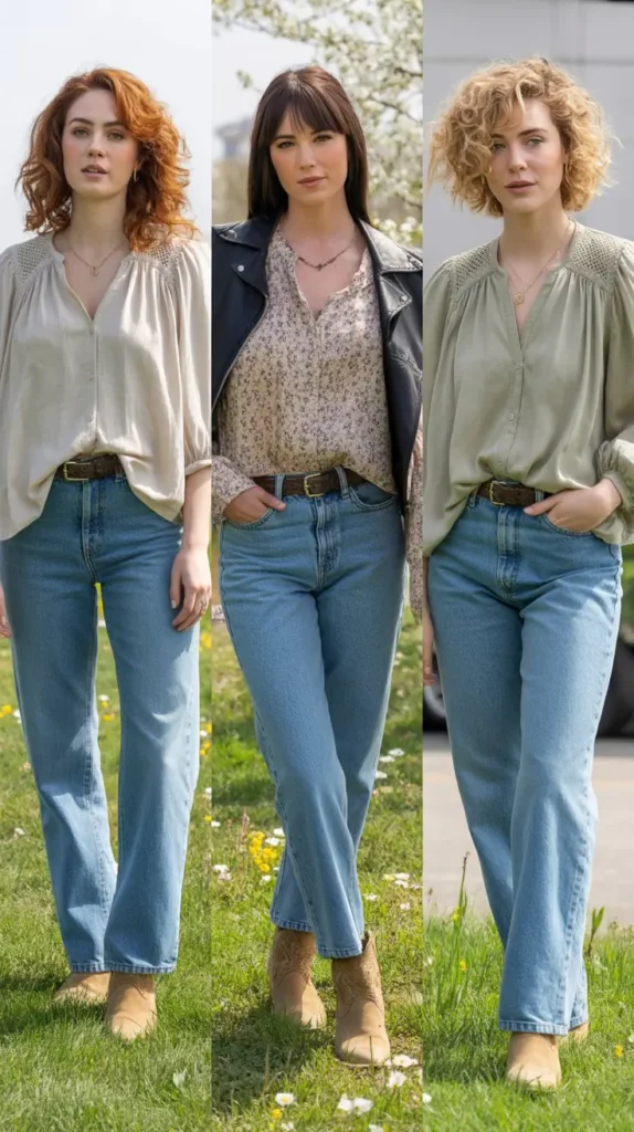  Flowy Boho Blouse With Straight Jeans and a Leather Jacket