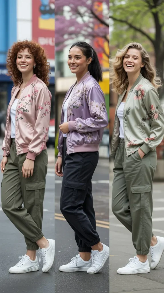 Floral Bomber Jacket With Cargo Pants and a Fitted Tee