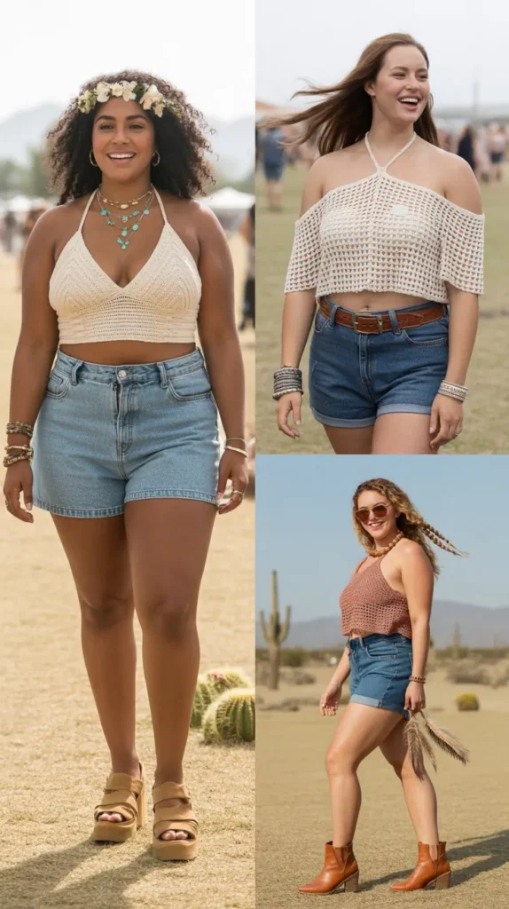 Denim Cut-Off Shorts with a Crochet Top