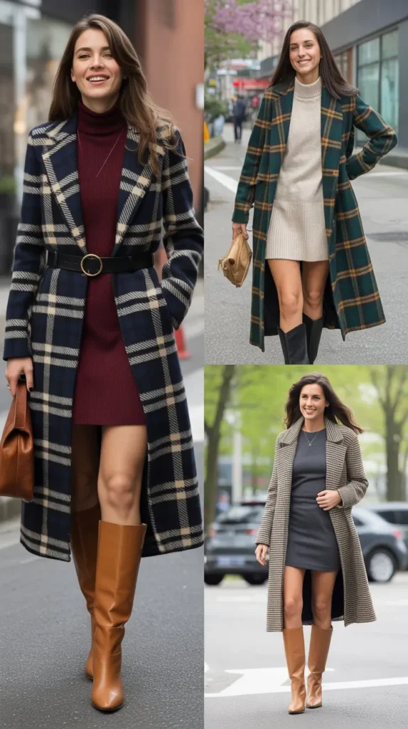  Belted Plaid Coat With Knee-High Boots and a Mini Dress