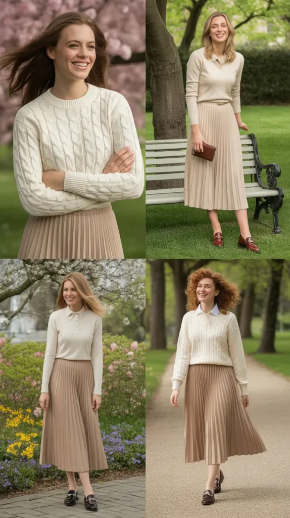 Cable-Knit Sweater With Pleated Midi Skirt and Loafers