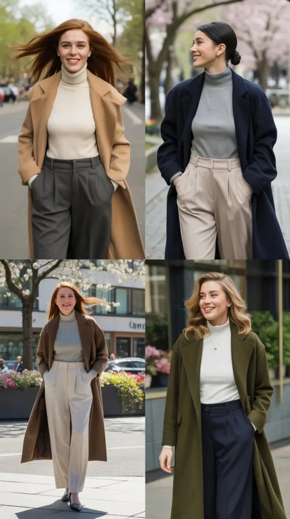  Wrap Coat With a Cashmere Turtleneck and Wide-Leg Trousers