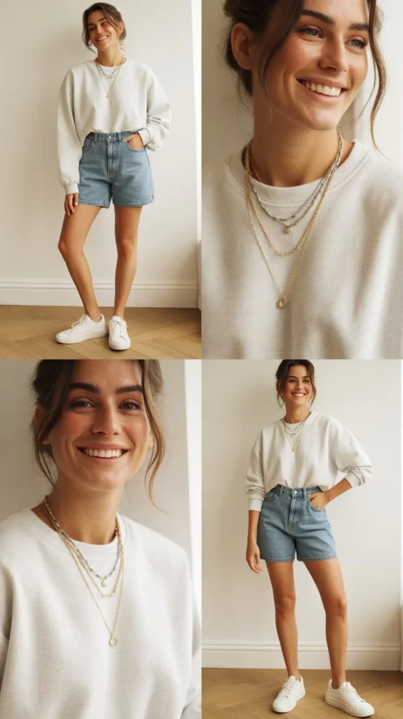 White Sweatshirt With High-Waisted Jean Shorts