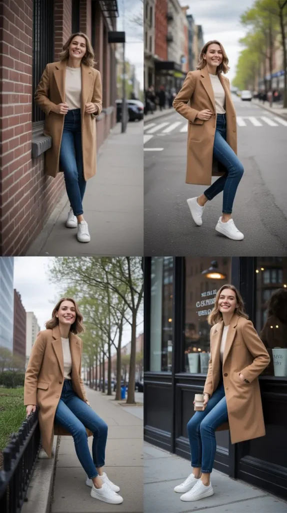 Camel Coat with White Sneakers
