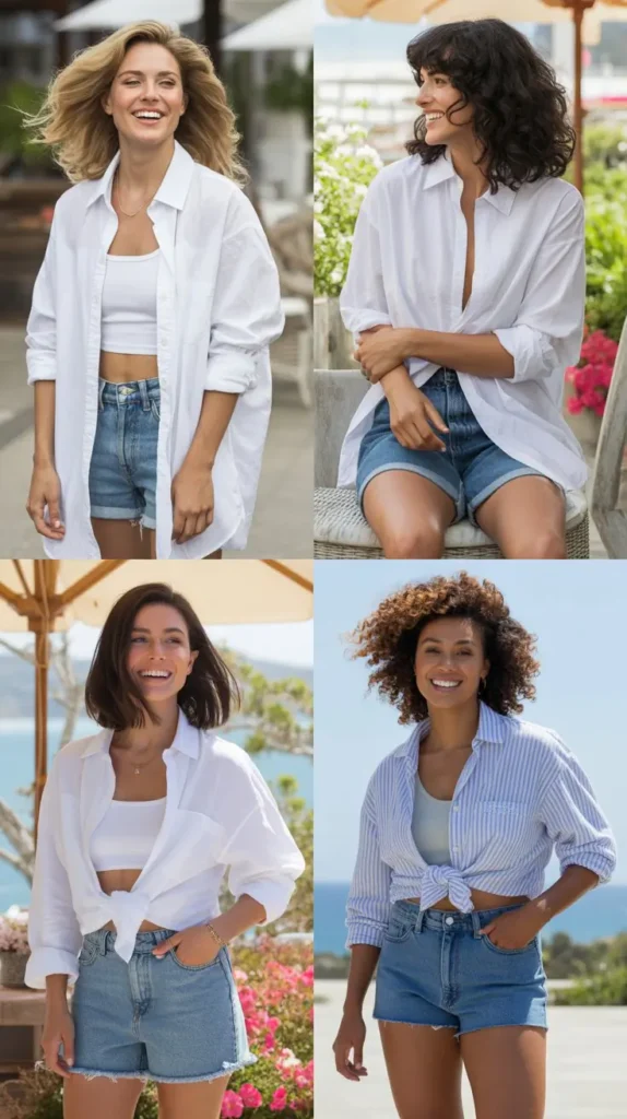 White Button Shirt with Denim Shorts